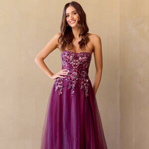 New Long Strapless Ceremonial Dress w/ Sequins Embroidery & Lace Up Back AC 4031